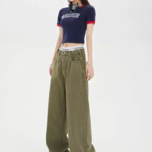 American Vintage Y2K Green Denim Baggy Jeans - Streetwear Chic Wide Leg Trousers