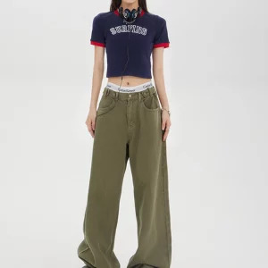 American Vintage Y2K Green Denim Baggy Jeans - Streetwear Chic Wide Leg Trousers