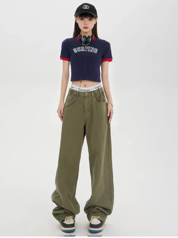 American Vintage Y2K Green Denim Baggy Jeans - Streetwear Chic Wide Leg Trousers