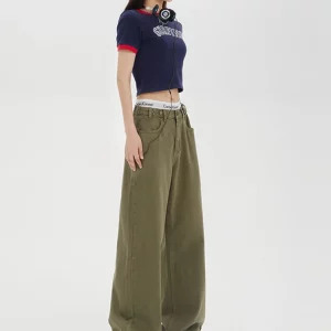 American Vintage Y2K Green Denim Baggy Jeans - Streetwear Chic Wide Leg Trousers