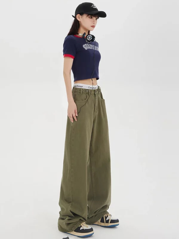 American Vintage Y2K Green Denim Baggy Jeans - Streetwear Chic Wide Leg Trousers