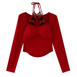 Autumn Women's Y2K Vintage Aesthetic Halter Top - Sexy Long Sleeve Design - Coquette Crop Tide Kpop