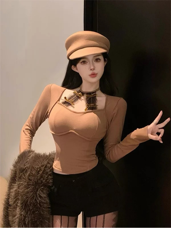 Autumn Women's Y2K Vintage Aesthetic Halter Top - Sexy Long Sleeve Design - Coquette Crop Tide Kpop