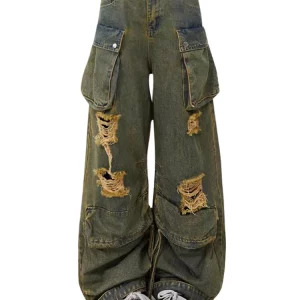 Baddie 2000s Aesthetic Hip-Pop Wide Leg Cargo Denim Pants - Y2K Streetwear Gr