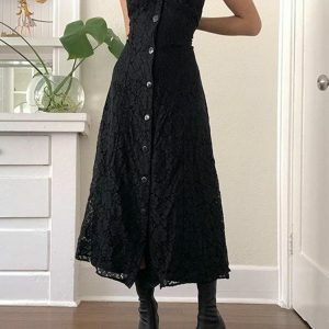 Black Lace Backless Vintage Button-Up Summer Midi Dress - Chic Double Layer Women's Clothing