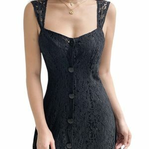 Black Lace Backless Vintage Button-Up Summer Midi Dress - Chic Double Layer Women's Clothing