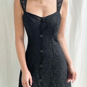 Black Lace Backless Vintage Button-Up Summer Midi Dress - Chic Double Layer Women's Clothing