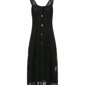 Black Lace Backless Vintage Button-Up Summer Midi Dress - Chic Double Layer Women's Clothing