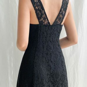 Black Lace Backless Vintage Button-Up Summer Midi Dress - Chic Double Layer Women's Clothing