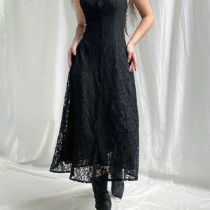 Black Lace Backless Vintage Button-Up Summer Midi Dress - Chic Double Layer Women's Clothing