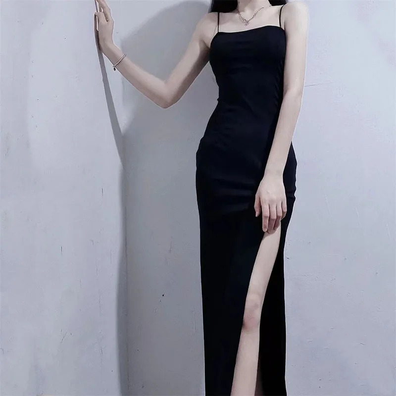 Black Spaghetti Strap Y2K Dress - Sexy Tight Side Split Bodycon Maxi for Summer 2024