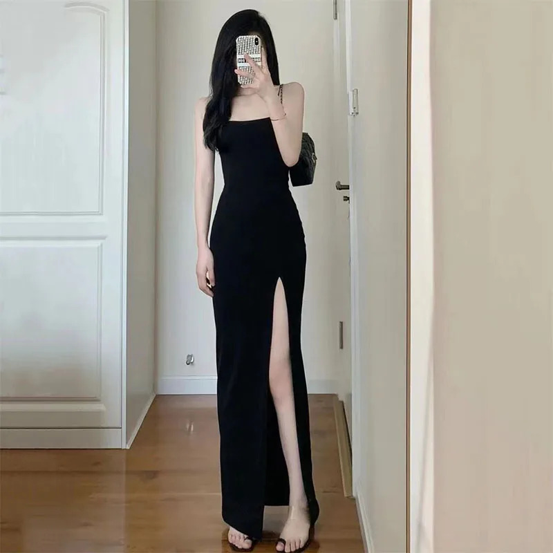 Black Spaghetti Strap Y2K Dress - Sexy Tight Side Split Bodycon Maxi for Summer 2024