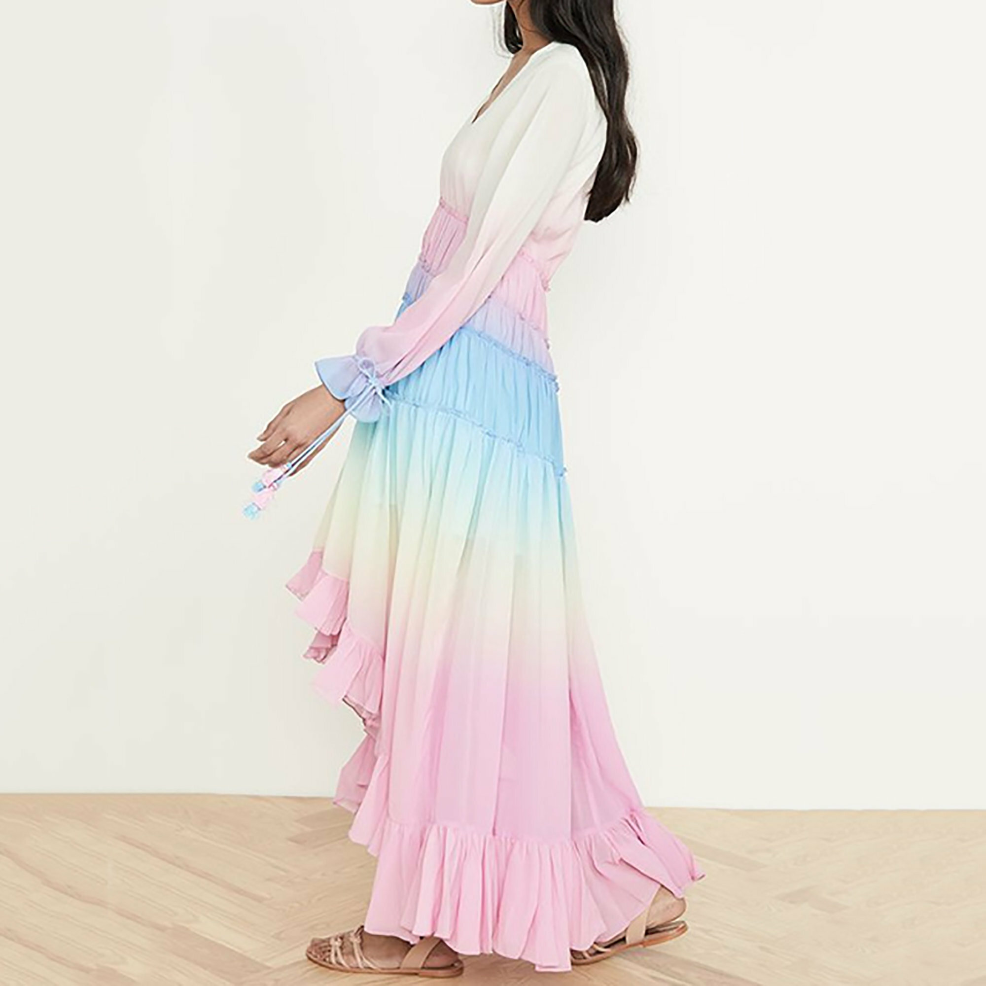 Bohemian Sunset Gradient Maxi Dress - V-neck, Long Sleeved, Beach, Summer, Party, Fairy, Victorian