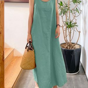 Breezy Elegance: Organic Cotton-Linen Summer Dress, Round Neck Shirt Dress, Women's Linen Fashion