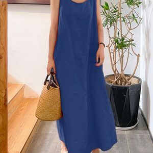 Breezy Elegance: Organic Cotton-Linen Summer Dress, Round Neck Shirt Dress, Women's Linen Fashion