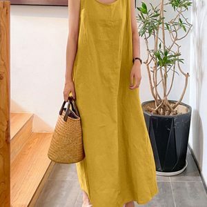 Breezy Elegance: Organic Cotton-Linen Summer Dress, Round Neck Shirt Dress, Women's Linen Fashion