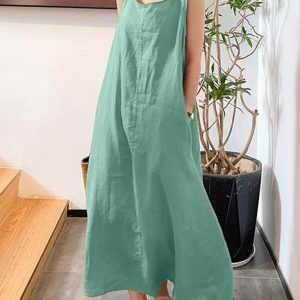 Breezy Elegance: Organic Cotton-Linen Summer Dress, Round Neck Shirt Dress, Women's Linen Fashion