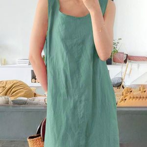 Breezy Elegance: Organic Cotton-Linen Summer Dress, Round Neck Shirt Dress, Women's Linen Fashion