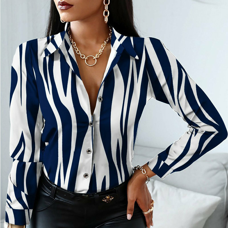 Chic Women’s Summer Long Sleeve Print Blouse - Office Casual Button-Up Shirt