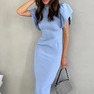 Chic Y2K Bodycon Midi Dress - Summer Casual Ruffle Sleeve Slit, Retro 90s Fashion, Blue