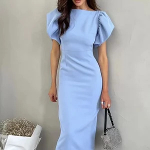 Chic Y2K Bodycon Midi Dress - Summer Casual Ruffle Sleeve Slit, Retro 90s Fashion, Blue