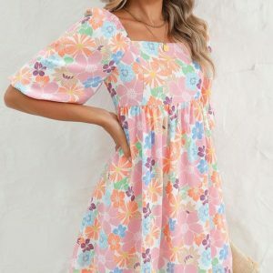 Coral Floral Bubble Sleeve Dress - Summer Beach Vacation Cotton Dress