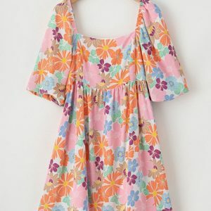 Coral Floral Bubble Sleeve Dress - Summer Beach Vacation Cotton Dress