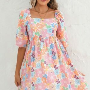 Coral Floral Bubble Sleeve Dress - Summer Beach Vacation Cotton Dress