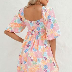 Coral Floral Bubble Sleeve Dress - Summer Beach Vacation Cotton Dress