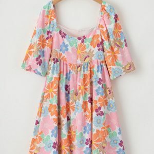 Coral Floral Bubble Sleeve Dress - Summer Beach Vacation Cotton Dress