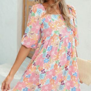 Coral Floral Bubble Sleeve Dress - Summer Beach Vacation Cotton Dress