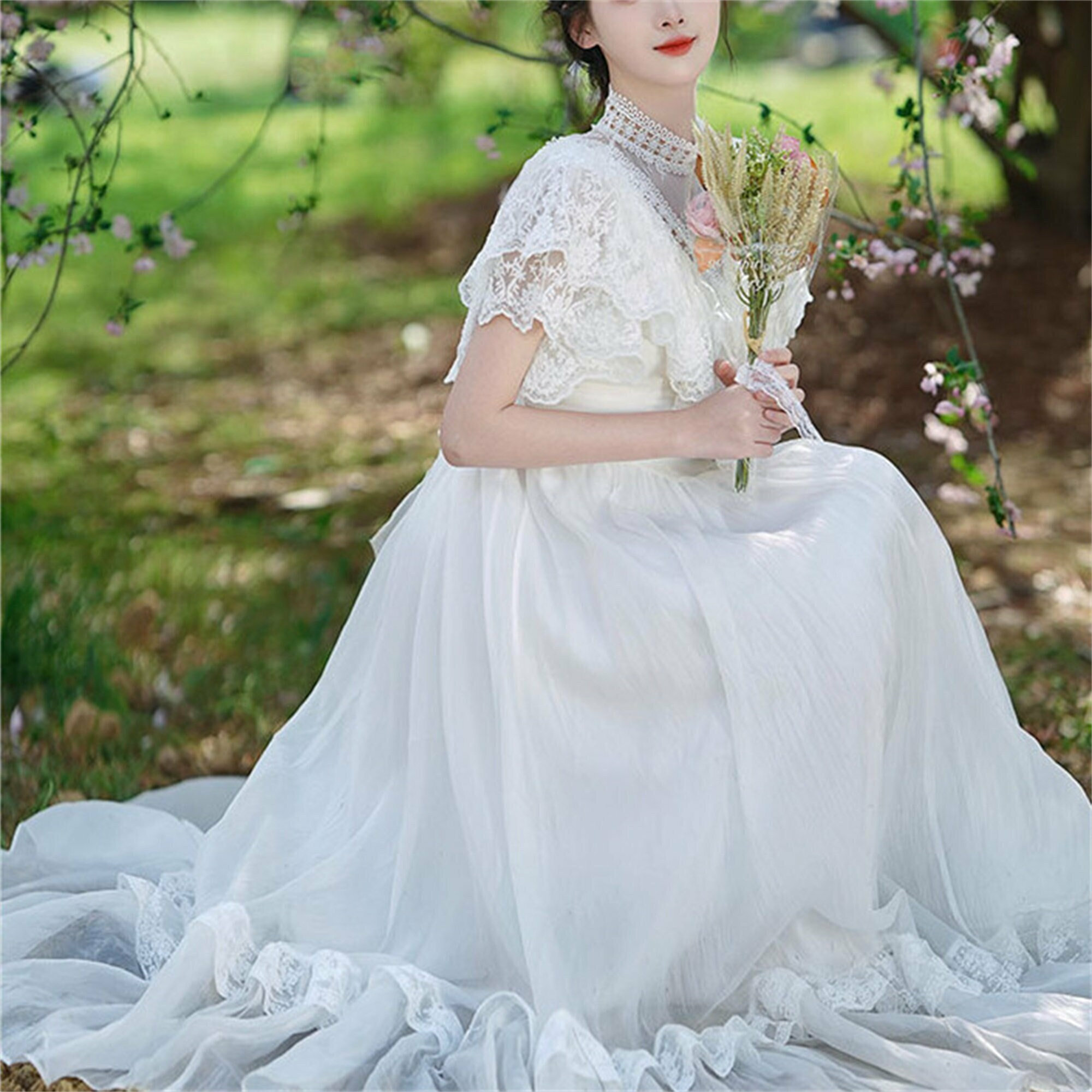 Elegant White Tulle Lace Fairy Dress - Victorian, Wedding Guest, Prom, Bridesmaid, Formal Banquet