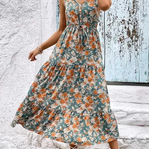 Elegant Y2K Floral Long Dress - Summer Casual Sleeveless Ruffle Beach Dress, 90s Fashion V-Neck