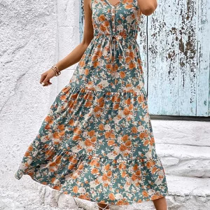 Elegant Y2K Floral Long Dress - Summer Casual Sleeveless Ruffle Beach Dress, 90s Fashion V-Neck