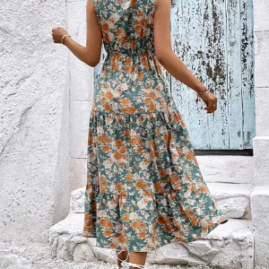 Elegant Y2K Floral Long Dress - Summer Casual Sleeveless Ruffle Beach Dress, 90s Fashion V-Neck