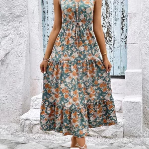 Elegant Y2K Floral Long Dress - Summer Casual Sleeveless Ruffle Beach Dress, 90s Fashion V-Neck