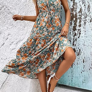 Elegant Y2K Floral Long Dress - Summer Casual Sleeveless Ruffle Beach Dress, 90s Fashion V-Neck