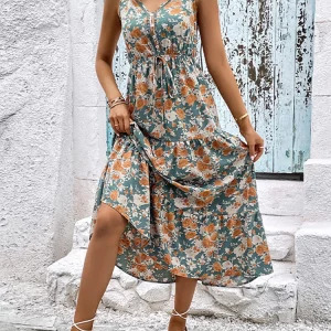 Elegant Y2K Floral Long Dress - Summer Casual Sleeveless Ruffle Beach Dress, 90s Fashion V-Neck