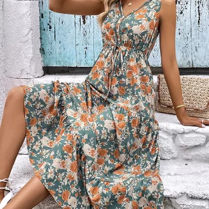 Elegant Y2K Floral Long Dress - Summer Casual Sleeveless Ruffle Beach Dress, 90s Fashion V-Neck