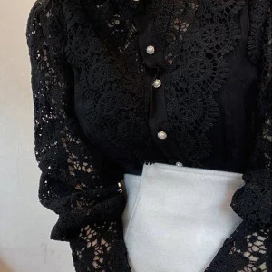 Elegant Y2K Lace Collar White Oversized Shirt - Retro 90s Fashion Puff Sleeve Blouse for Women