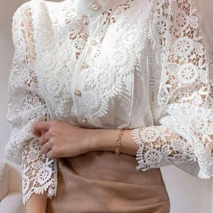 Elegant Y2K Lace Collar White Oversized Shirt - Retro 90s Fashion Puff Sleeve Blouse for Women