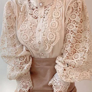 Elegant Y2K Lace Collar White Oversized Shirt - Retro 90s Fashion Puff Sleeve Blouse for Women