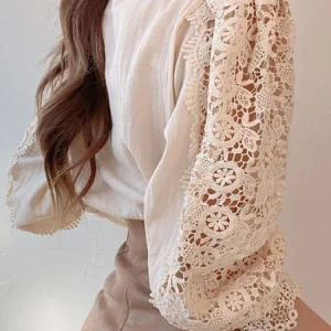 Elegant Y2K Lace Collar White Oversized Shirt - Retro 90s Fashion Puff Sleeve Blouse for Women