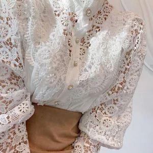 Elegant Y2K Lace Collar White Oversized Shirt - Retro 90s Fashion Puff Sleeve Blouse for Women