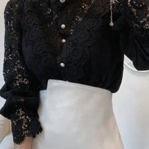 Elegant Y2K Lace Collar White Oversized Shirt - Retro 90s Fashion Puff Sleeve Blouse for Women