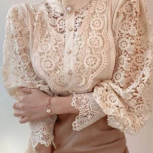 Elegant Y2K Lace Collar White Oversized Shirt - Retro 90s Fashion Puff Sleeve Blouse for Women