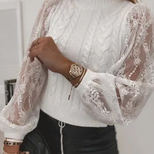 Elegant Y2K Lace Stitching Knitted Puff Sleeve Sweater - Retro 90s Grunge Fashion Pullover