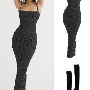 Elegant Y2K Maxi Dress - Sexy Ruched Spaghetti Strap Mesh Evening Party Outfit