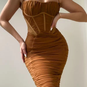 Elegant Y2K Maxi Dress - Sexy Ruched Spaghetti Strap Mesh Evening Party Outfit