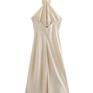 Elegant Y2K Women Dress - Solid Mid-Calf Camisole, Backless Halter, Summer Party Bandage Dress